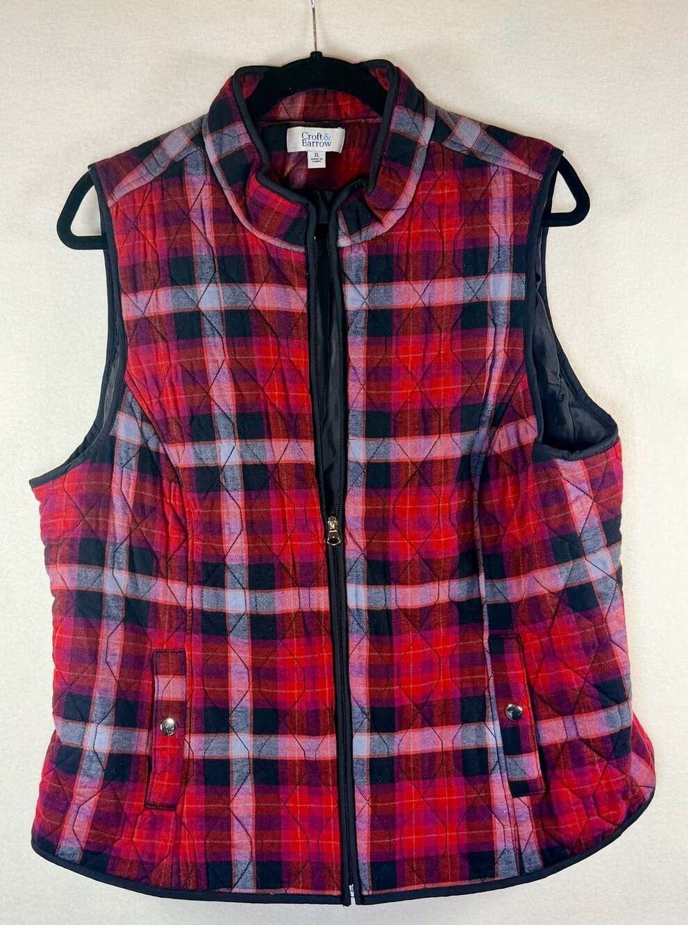 Croft & Barrow Quilted Vest Red Plaid Full Zip w/Pockets Women’s XL